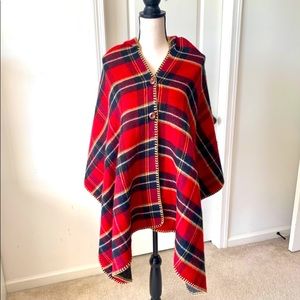 Handmade Two Tone Plaid Hooded Wooden Button Poncho Cape